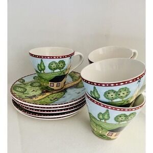 Sango Green Acres Cup & Saucer Set- Lot of 5 - House Church Horses Farm Folk Art